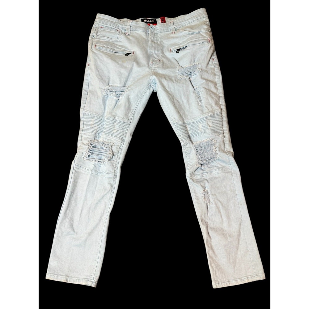 Makobi Jeans Mens 40x32 Lite Blue Denim Distressed Straight Zipper Wash Whiskers